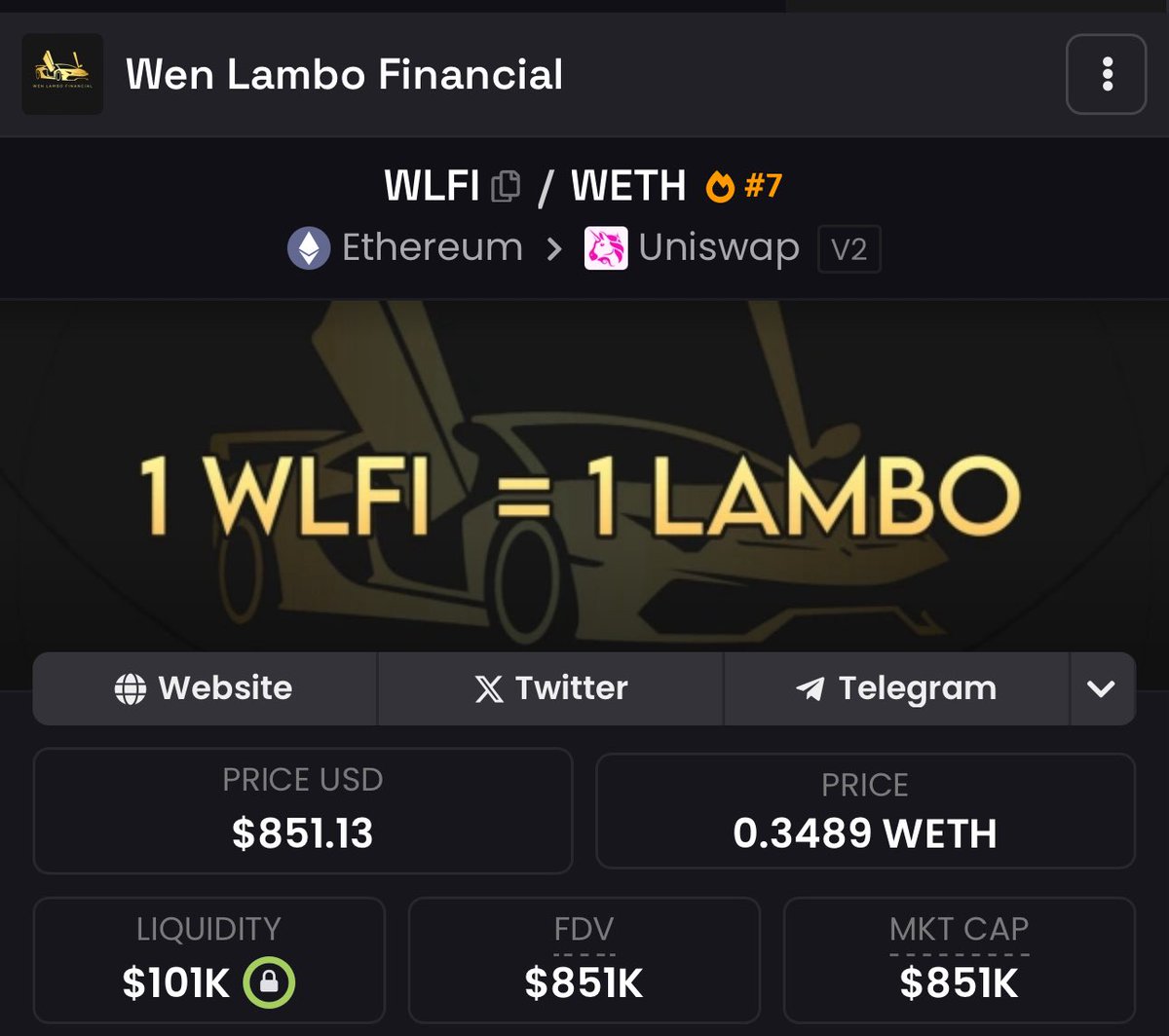 I bought a decent bag into $WLFI - ETH

- The narrative here is pretty simple and with Trump’s WLFI rumored to be launching on July 4th with a massive raise, this will surely get crazy attention
- Normie's will try to search it on CMC &amp; CG and this one's the only play listed on