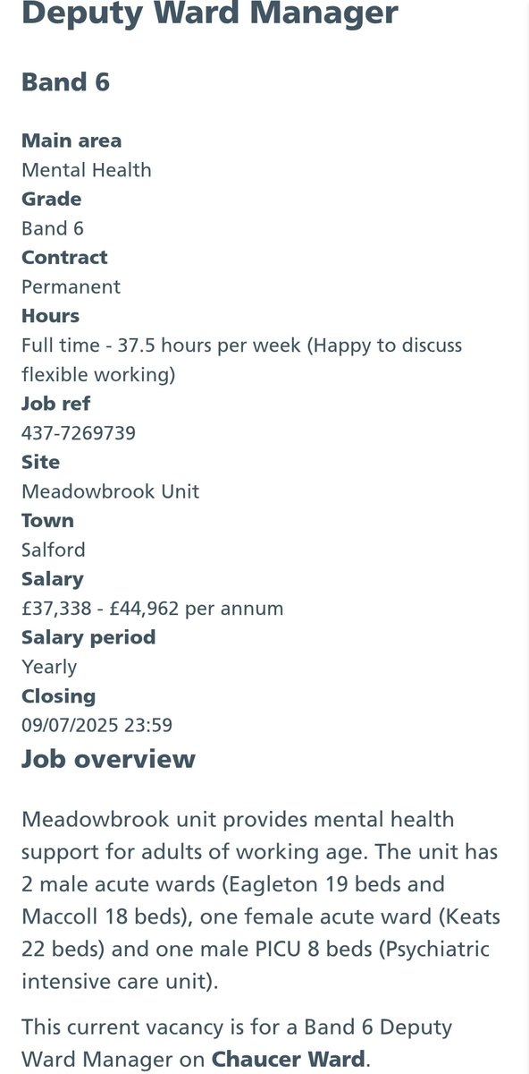 ⭐Deputy Ward Manager band 6 - male PICU⭐

Chaucer ward in Salford have a deputy ward manager post advertised. Please apply if you want to join a forward thinking and supportive team!

gmmh.nhs.uk/vacancies/#!/j…