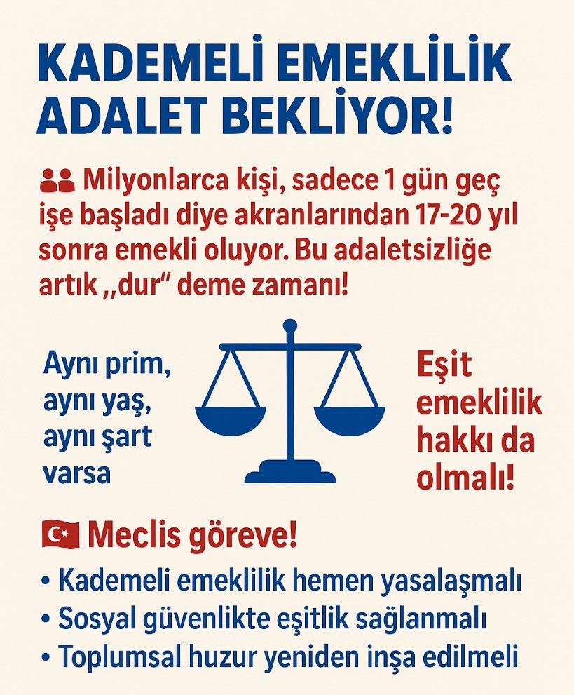 Aykut⚖️ (@aykutugurlu) on Twitter photo Bugün 29 Temmuz 2025.. Günlerden Pazar..
Emeklilikte Adalet Derneği olarak;
23 Mart 2023 den bu yana, yaklaşık 2 yıl 4 aydan beri emeklilik sisteminde ADALET arıyoruz..
KADEMELİ EMEKLİLİK ADALET BEKLİYOR!!
Hayırlı Pazarlar
<a href="/EmadDernegi/">EMEKLİLİKTE ADALET DERNEĞİ ⚖️</a>
#YasamaBitmedenKademe Bugün 29 Temmuz 2025.. Günlerden Pazar..
Emeklilikte Adalet Derneği olarak;
23 Mart 2023 den bu yana, yaklaşık 2 yıl 4 aydan beri emeklilik sisteminde ADALET arıyoruz..
KADEMELİ EMEKLİLİK ADALET BEKLİYOR!!
Hayırlı Pazarlar
<a href="/EmadDernegi/">EMEKLİLİKTE ADALET DERNEĞİ ⚖️</a>
#YasamaBitmedenKademe