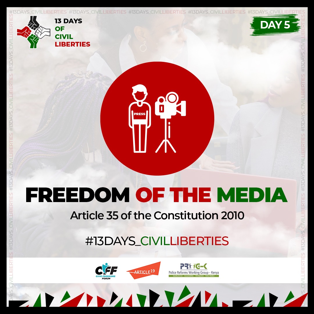 ReformsGroup's tweet image. Article 34 of the Constitution of Kenya: The State shall not exercise control over or interfere with any person engaged in broadcasting, production, or circulation of publications. #RightToProtest #13Days_CivilLiberties #FreedomofExpression #EndPoliceBrutalityKE