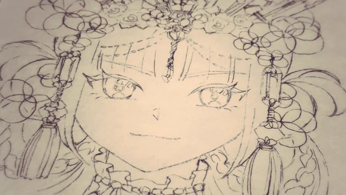 お昼寝中に、いそいそと線画。細かいところは、塗りながらラフとにらめっこして詰めていきます #wip