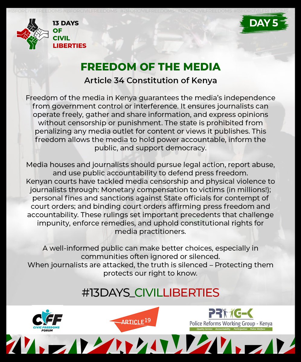 ReformsGroup's tweet image. Article 34 of the Constitution of Kenya: The State shall not exercise control over or interfere with any person engaged in broadcasting, production, or circulation of publications. #RightToProtest #13Days_CivilLiberties #FreedomofExpression #EndPoliceBrutalityKE