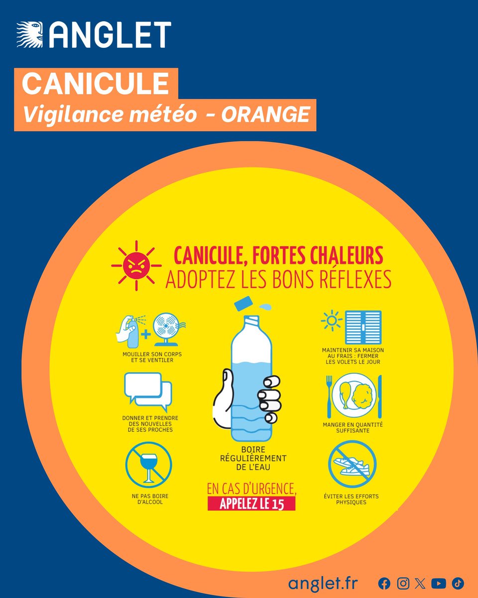 Ville d'Anglet (@villeanglet) on Twitter photo 🟠Vigilance météo♨️Canicule
Ce dimanche 29 juin dès 16h, <a href="/meteofrance/">Météo-France</a> place le Département des Pyrénées-Atlantiques en vigilance orange canicule.
Le CCAS de la Ville d’Anglet met en place sa cellule de crise afin de contacter les personnes vulnérables.
anglet.fr 🟠Vigilance météo♨️Canicule
Ce dimanche 29 juin dès 16h, <a href="/meteofrance/">Météo-France</a> place le Département des Pyrénées-Atlantiques en vigilance orange canicule.
Le CCAS de la Ville d’Anglet met en place sa cellule de crise afin de contacter les personnes vulnérables.
anglet.fr