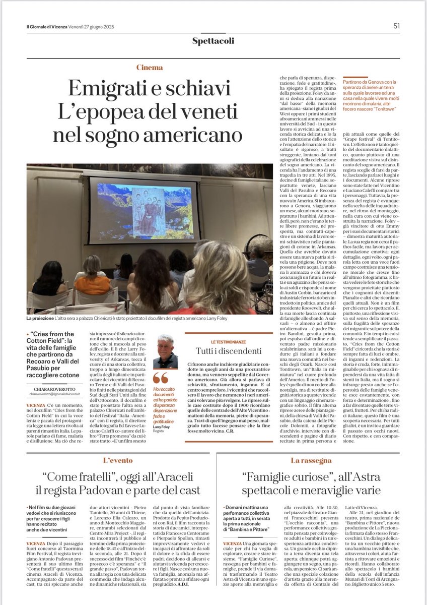 ⁦<a href="/GiornaleVicenza/">Il Giornale di Vicenza</a>⁩ Nel 1895 alcune famiglie di Recoaro Terme e Valli Del Pasubio andarono a raccogliere cotone in Arkansas . La loro storia .