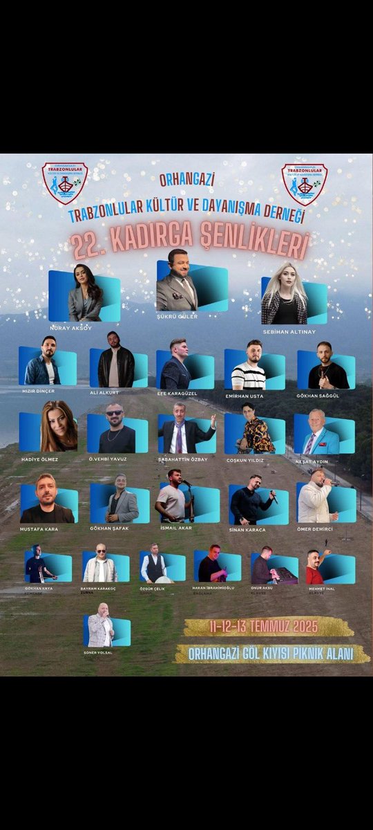 11,12,13 temmuz orhangazi Trabzonlular kültür ve dayanışma derneği nin düzenlediği şenliklere bekleriz 
Yer:Orhangazi göl kenarı mesire alanı <a href="/Trabzonspor/">Trabzonspor</a> <a href="/tsclub/">TS Club</a> <a href="/tsclubbursa/">TS CLUB BURSA</a> <a href="/zagortenay76/">Nevzat Aydın</a> <a href="/BeyBirhan/">Birhan Emre Yazıcı</a> <a href="/haber_61/">Haber61.net</a> <a href="/61saat/">61saat</a>