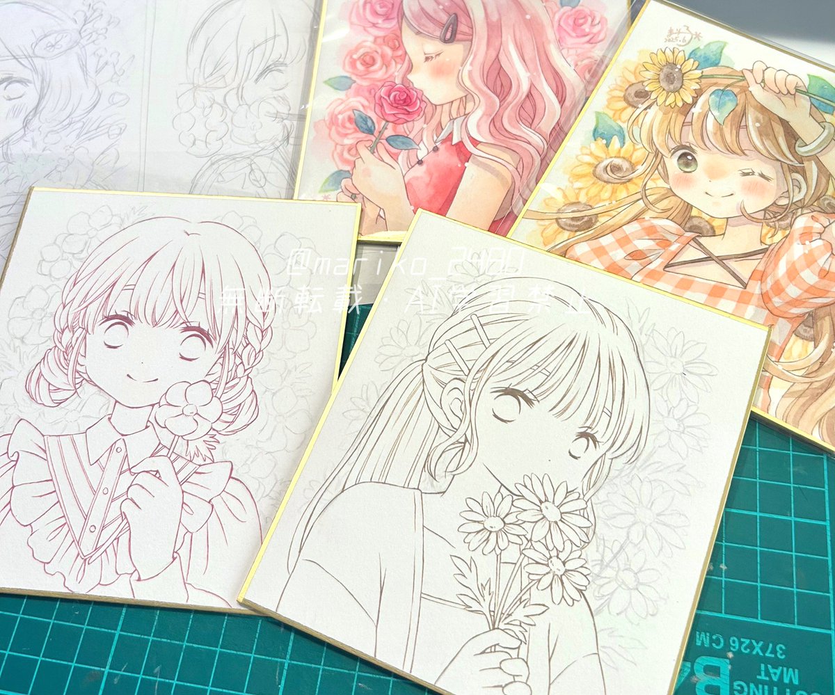 クリマで色紙が2枚残ったので、デザフェスに向けて同じお花シリーズで追加で描いてます🌼
目標6枚🔥 