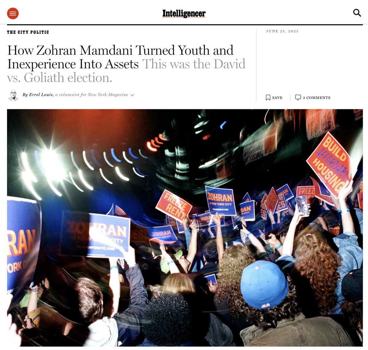 jackcalifano's tweet image. Photo of the Zohran x AOC rally in NY Mag by yours truly :)