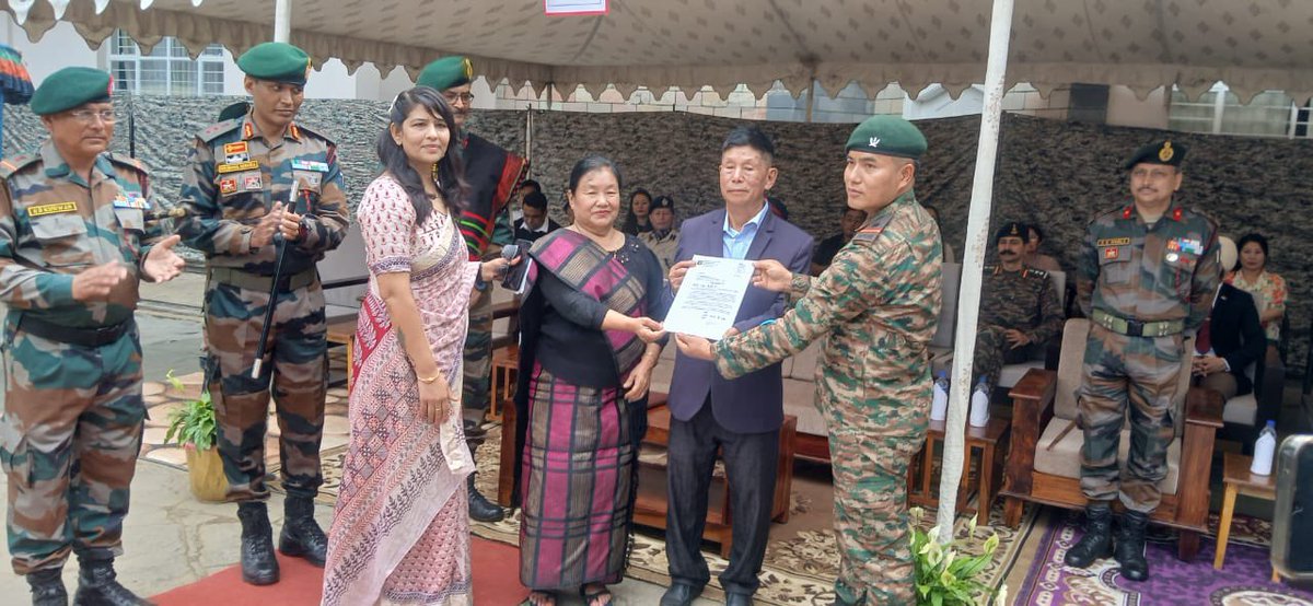 On the 26th anniversary of Kargil Vijay Diwas, the Indian Army (5/5 GR) felicitated NoK of the valiant warrior of 2 RAJ Rifles (KARGIL), Captain N Kenguruse, Maha Vir Chakra (Posthumous) at Kohima, Nagaland on 28 Jun 2025. It was an outreach campaign for families of #Bravehearts.