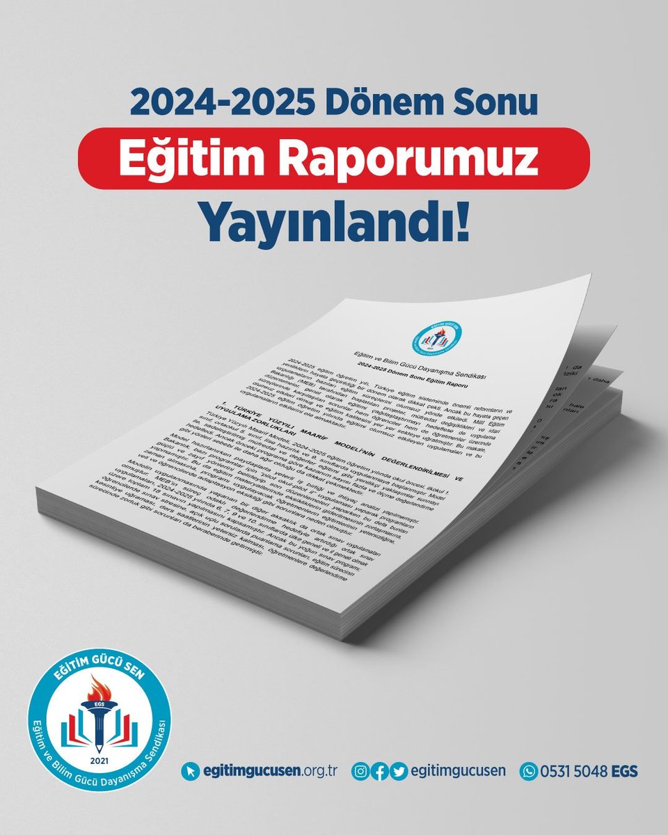 Eğitim Gücü-Sen olarak hazırladığımız 2024-2025 Eğitim Öğretim Yılı Sonu Raporu yayınlandı!

Bu raporda, eğitim sistemimizin mevcut durumunu, okullarda yaşanan yapısal ve idari sorunları, öğretmenlerimizin karşı karşıya kaldığı uygulama aksaklıklarını ve çözüm önerilerimizi