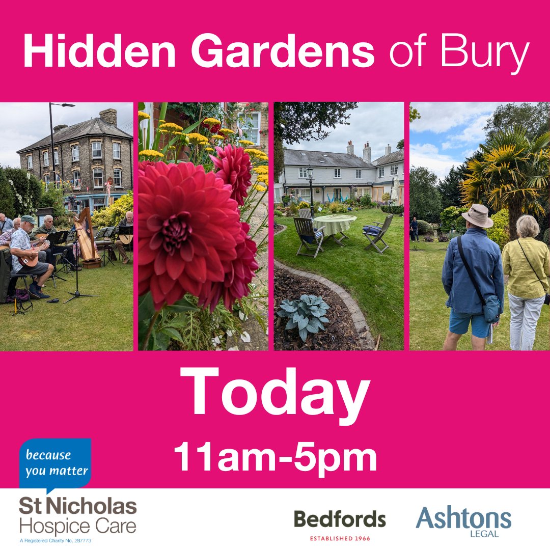 St Nicholas Hospice Care (@stnichhospice) on Twitter photo Today’s the day! Tickets available from Angel Hill or: stnicholashospice.org.uk/news-community…. Thanks to sponsors <a href="/Bedfords1966/">Bedfords Estate Agents</a> and <a href="/AshtonsLegal/">Ashtons Legal LLP</a>. The weather forecast is a hot, so keep hydrated and use the shade. #HiddenGardensofBury #WhatsoninBuryStEdmunds #BuryStEdmundsEvents #GardenEvents Today’s the day! Tickets available from Angel Hill or: stnicholashospice.org.uk/news-community…. Thanks to sponsors <a href="/Bedfords1966/">Bedfords Estate Agents</a> and <a href="/AshtonsLegal/">Ashtons Legal LLP</a>. The weather forecast is a hot, so keep hydrated and use the shade. #HiddenGardensofBury #WhatsoninBuryStEdmunds #BuryStEdmundsEvents #GardenEvents