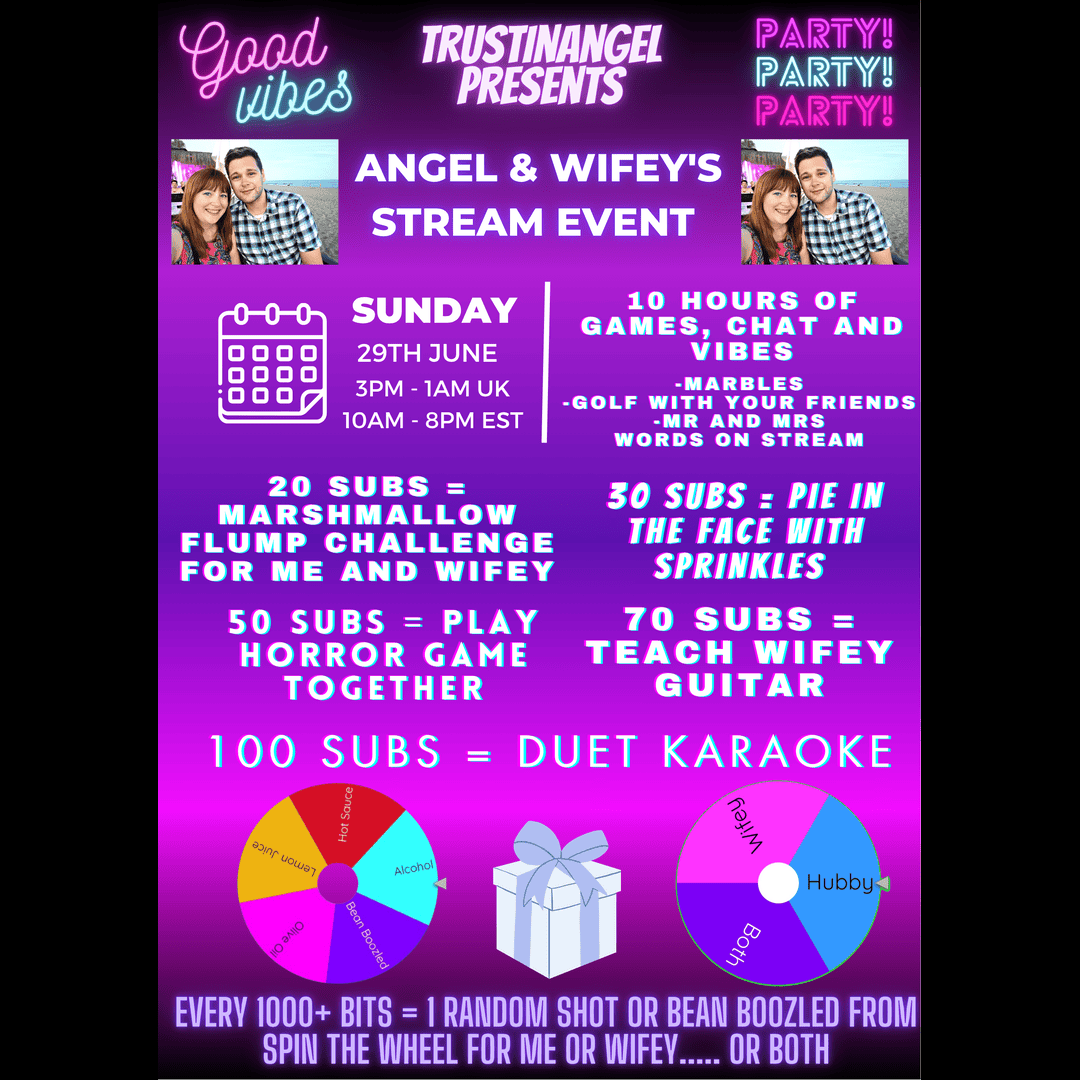 TrustInAngel's tweet image. Today is the day!!! Me and wifey's stream event. We'll be live for 10 hours!!! Let's introduce her to the chaos you guys can unfold and we'll do our best to deliver 🥳🍻 see you all in the next 7 hours 😎🙌