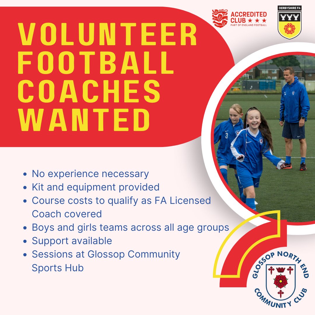 glossopfootball's tweet photo. 🫵 Your Community Club Needs YOU!

We are looking for volunteer coaches to support the continued growth at the club in advance of the 2025/26 Season across all age groups.

Please register your interest 👉 https://t.co/ParrDsSc93

#PlayForYourTown #LoveTheGame #Glossop #VivaGNE https://t.co/vACcDfFiv5