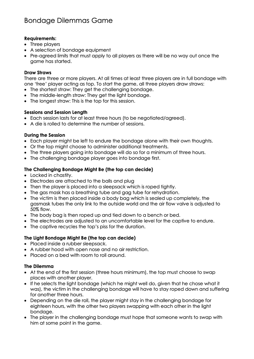 BONDAGE DILEMMAS GAME
Based on a game I saw many years ago, but I still love this concept.