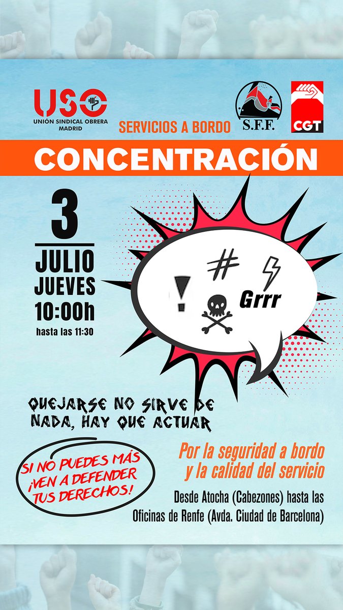 🚄 Servicios a Bordo al límite: más carga de trabajo, menos plantilla y condiciones cada vez peores. Somos la imagen de Renfe ante el viajero. Merecemos dignidad y mejoras reales.

📢 El 3 de julio a las 10:00 h nos concentramos en Atocha (Cabezones) y después iremos hasta las