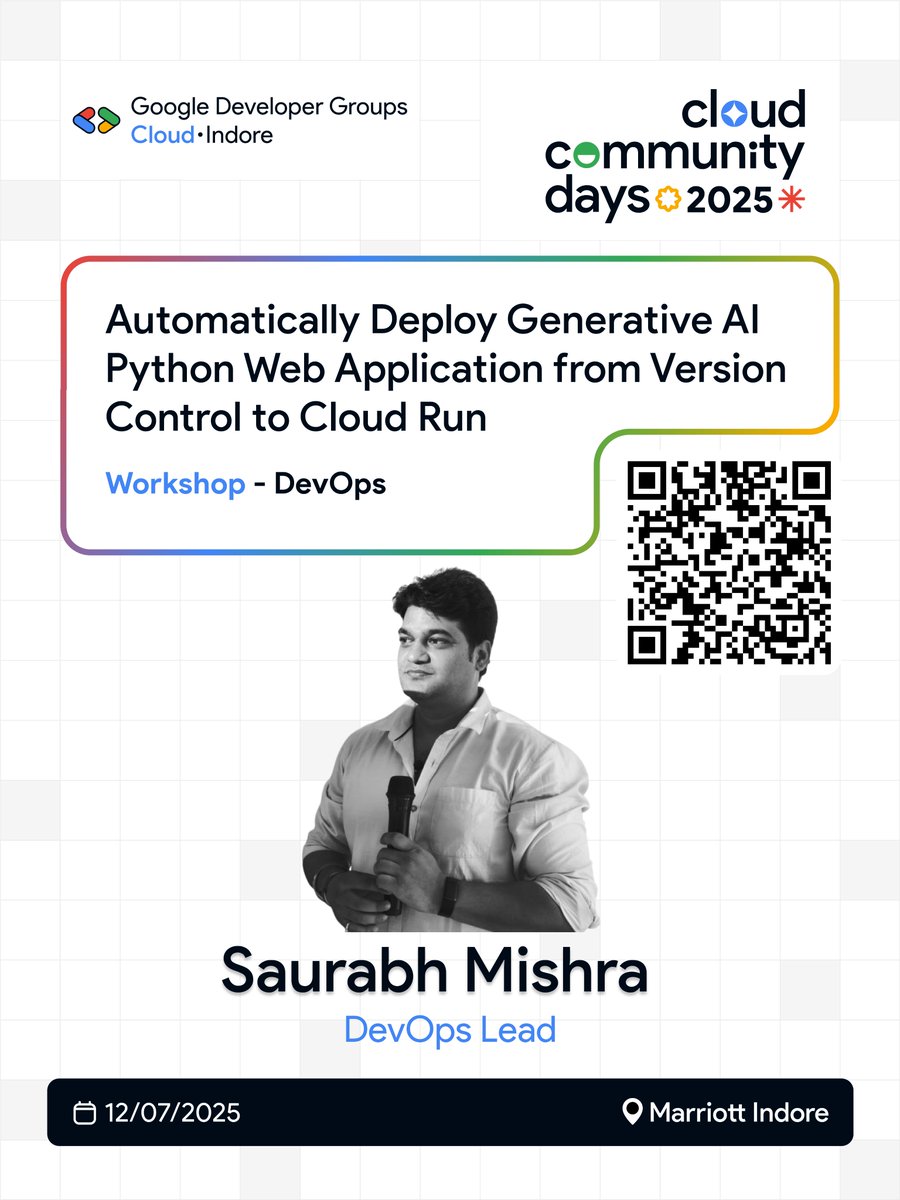 gdgcloudindore's tweet image. 🚀 From code to cloud in minutes!
Catch Google Cloud GDE Saurabh Mishra at #CCDIndore25 as he live-walks deploying GenAI Python apps to Cloud Run using CI/CD.
📍Marriott Indore | 📅 12 July
#DevOpsSimplified #GenAIApps #CloudRun #DevOps #GenAI
