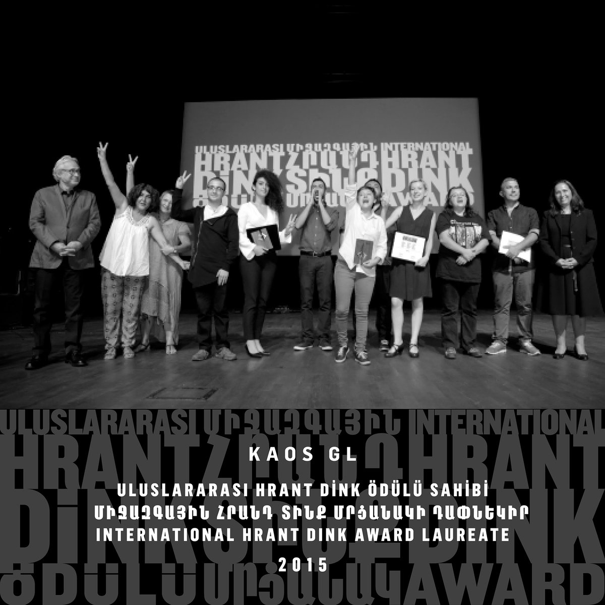 Tüm engellemelere rağmen cinsiyetçi ayrımcılık ve hak ihlallerine karşı mücadele eden 2015 #HrantDinkÖdülü sahibi Kaos GL:
"LGBT+ hareketi olarak nasıl ki özgürlük, mücadele arasında köprüler kurabiliyorsak homofobi, transfobi, ırkçılık ve milliyetçiliğe karşı da birlikte