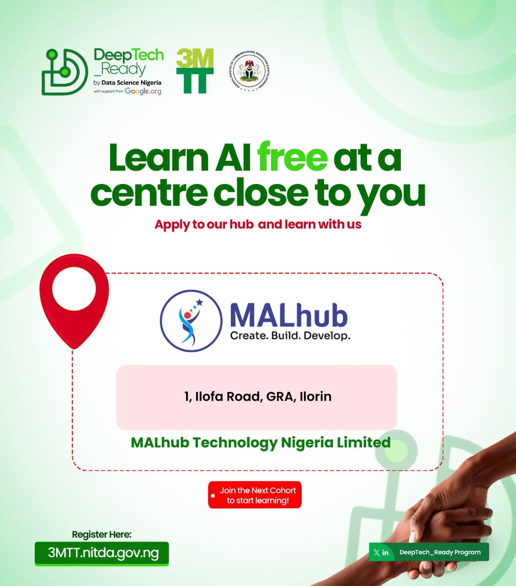 We're calling on passionate individuals to apply for the upcoming DeepTech Ready Program at MALhub in Ilorin, Kwara State. (Completely Free)

How to apply:

📍Register as a learner at (3mtt.nitda.gov.ng/deeptech/) and complete the Cohort 2 Entry Assessment.

📍Existing fellows or