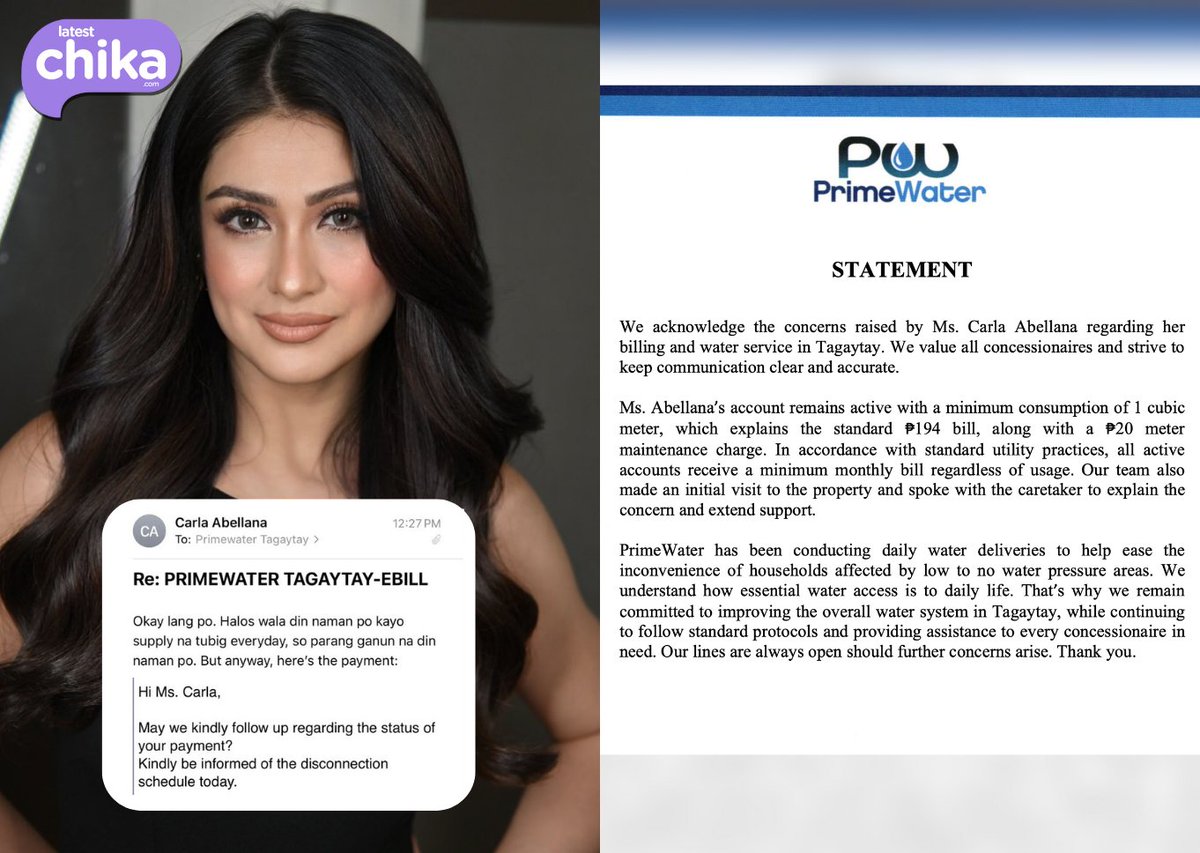 latest_chika's tweet photo. 'MS. ABELLANA'S ACCOUNT REMAINS ACTIVE'
Local water service provider PrimeWater has responded to actress Carla Abellana's complaint regarding the quality of service she received from the company.
📸carlaangeline/Instagram, PrimeWater https://t.co/jy7EPlPT18