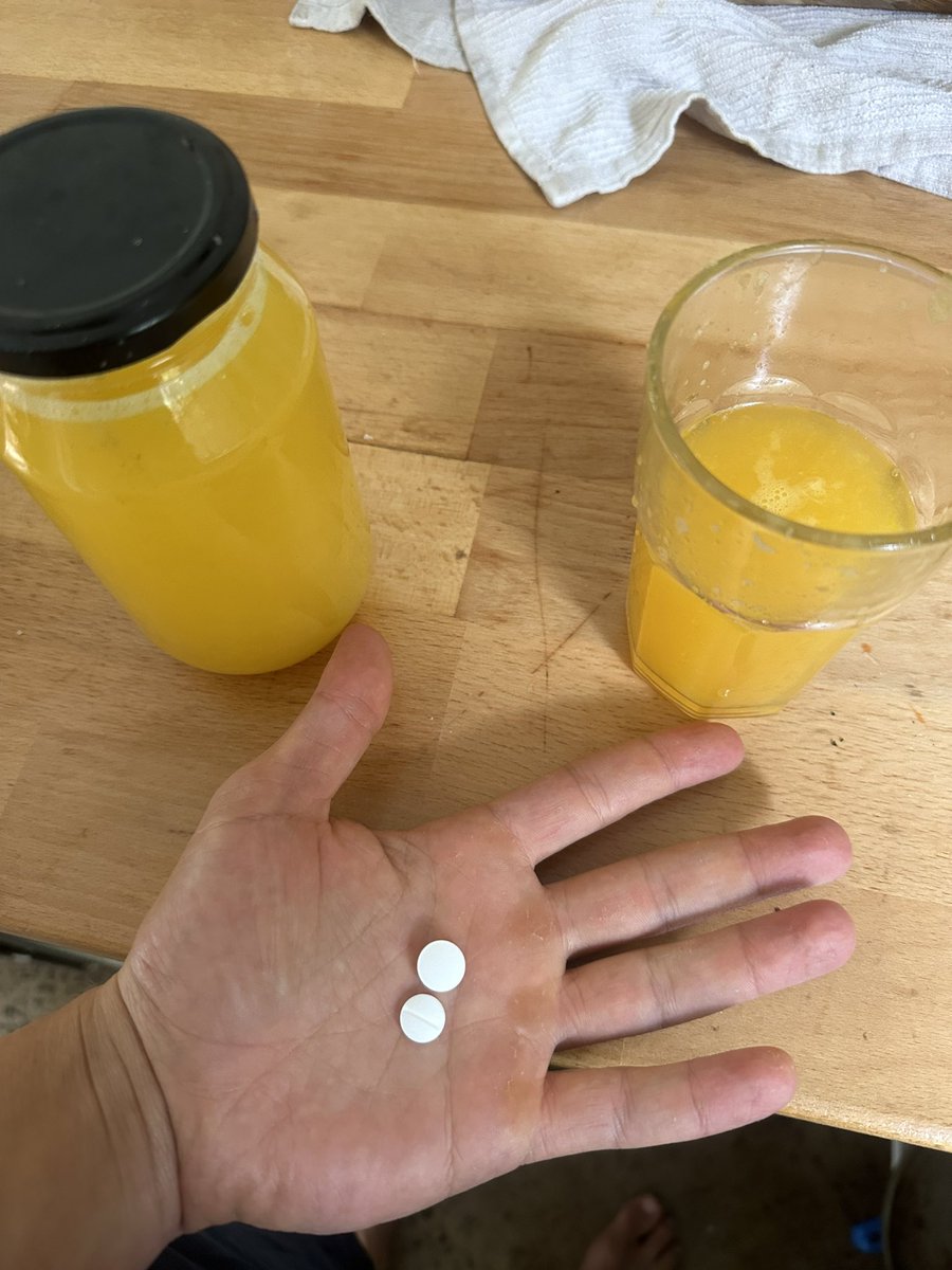 Freshly squeezed citrus juice from my garden 
Aspirin
B1