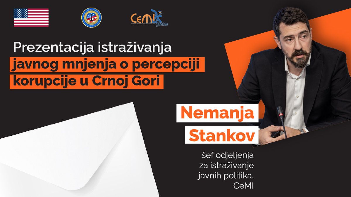 📷NAJAVA - Istraživanje javnog mnjenja o percepciji korupcije u CG – Montenegrin Corruption Statoscope (Crnogorski koruptoskop) u okviru projekta „Digni glas: za Crnu Goru bez korupcije", koji je podržan od strane INL kancelarije pri Ambasadi Sjedinjenih Američkih Država u 🇲🇪