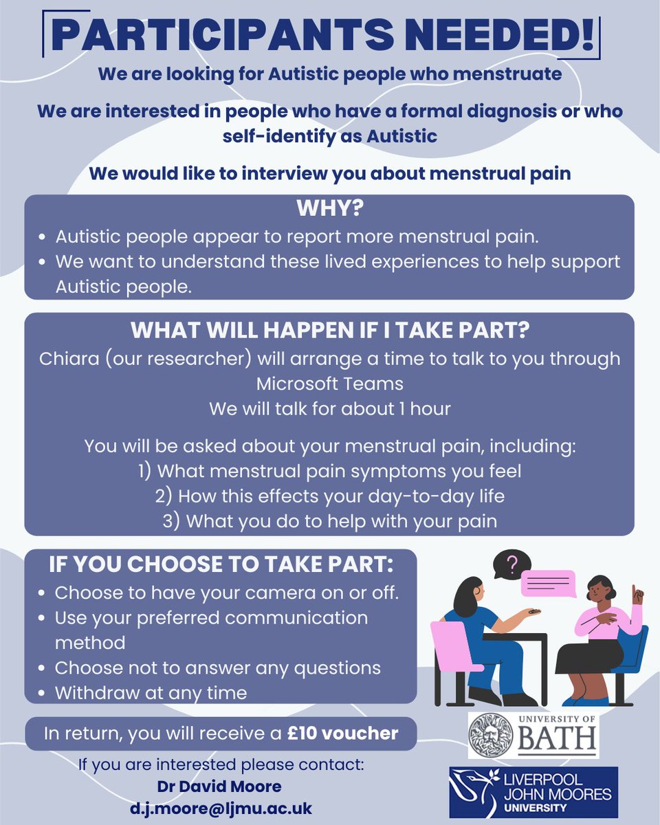 Dr. David Moore (@davemoore_pain) on Twitter photo We are recruiting autistic adults who menstruate about their experiences of menstrual pain. A short interview do discuss your experience. Project is co-produced. If you are interested then please reach out to Chiara (cm3051@bath.ac.uk) or my DMs are always open. We are recruiting autistic adults who menstruate about their experiences of menstrual pain. A short interview do discuss your experience. Project is co-produced. If you are interested then please reach out to Chiara (cm3051@bath.ac.uk) or my DMs are always open.