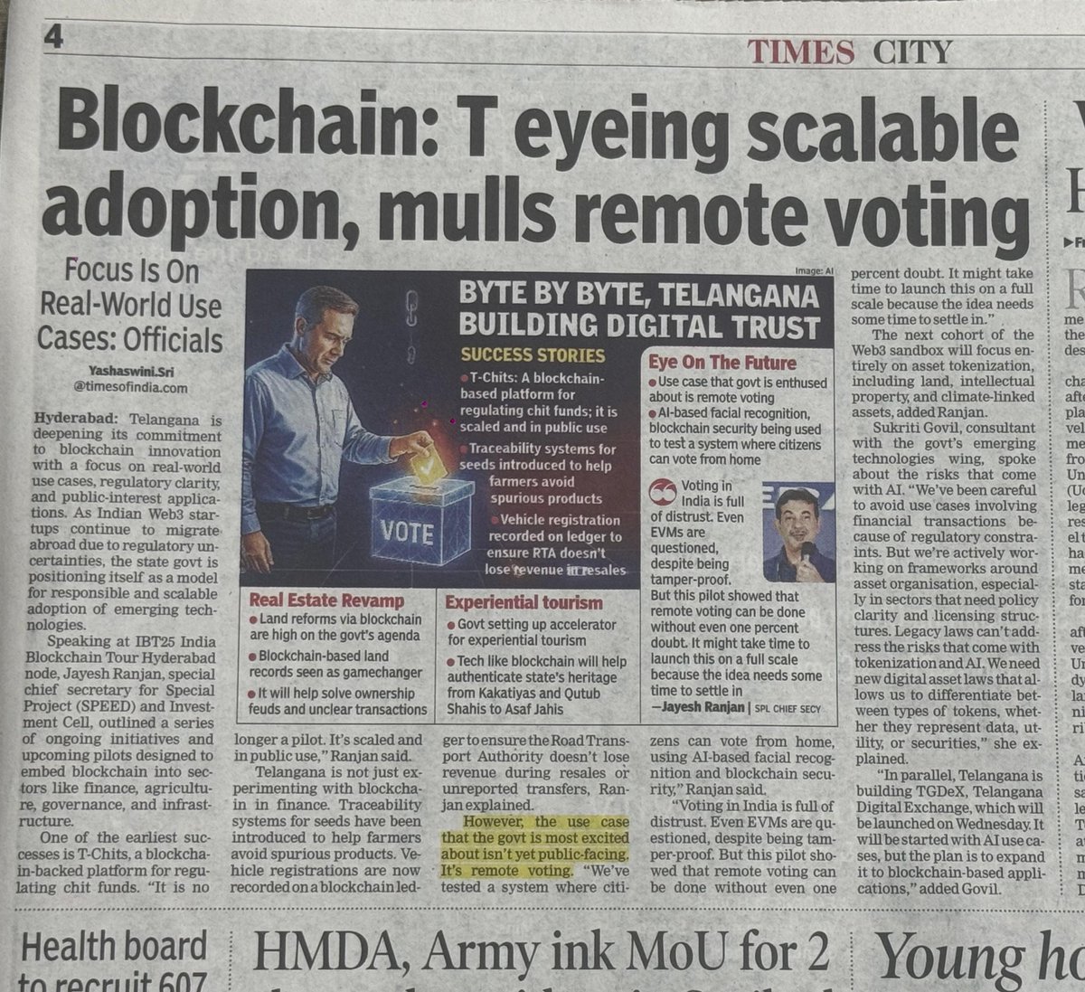 India Blockchain Tour - Hyderabad Node is making national headlines! Featured in <a href="/timesofindia/">The Times Of India</a> ⚡️

A big shoutout to <a href="/jayesh_ranjan/">Jayesh Ranjan</a> for leading Telangana’s charge to become India’s blockchain capital, and to <a href="/SukritiGovil/">Sukriti Govil</a> for highlighting the government’s role in empowering Web3