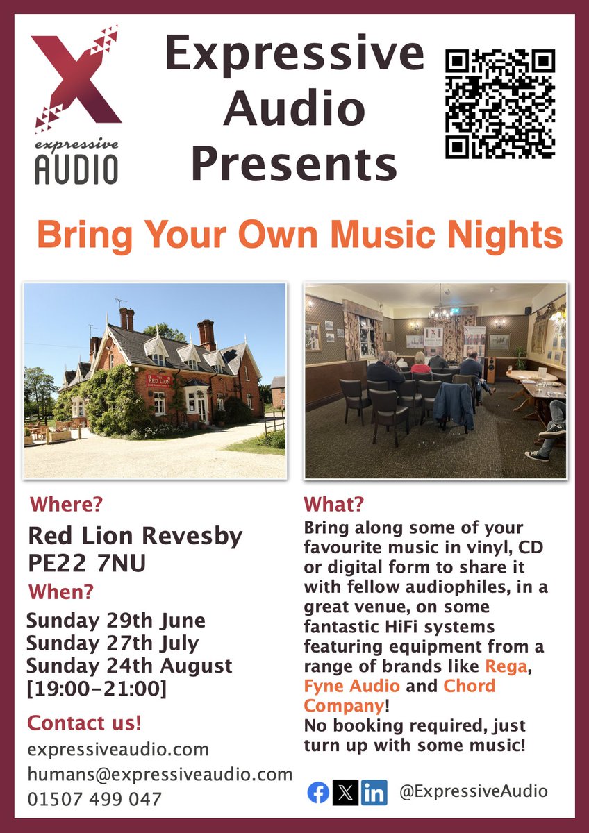 ExpressiveAudio's tweet image. Last reminder for our 'Bring Your Own Music Night' at @redlionrevesby tonight! Just bring some of your favourite #music to listen to it on our chosen #HiFiSystem and share it with fellow audiophiles.
Find out more: zurl.co/10SmW
#HiFi #Audiophile #LincolnshireEvents