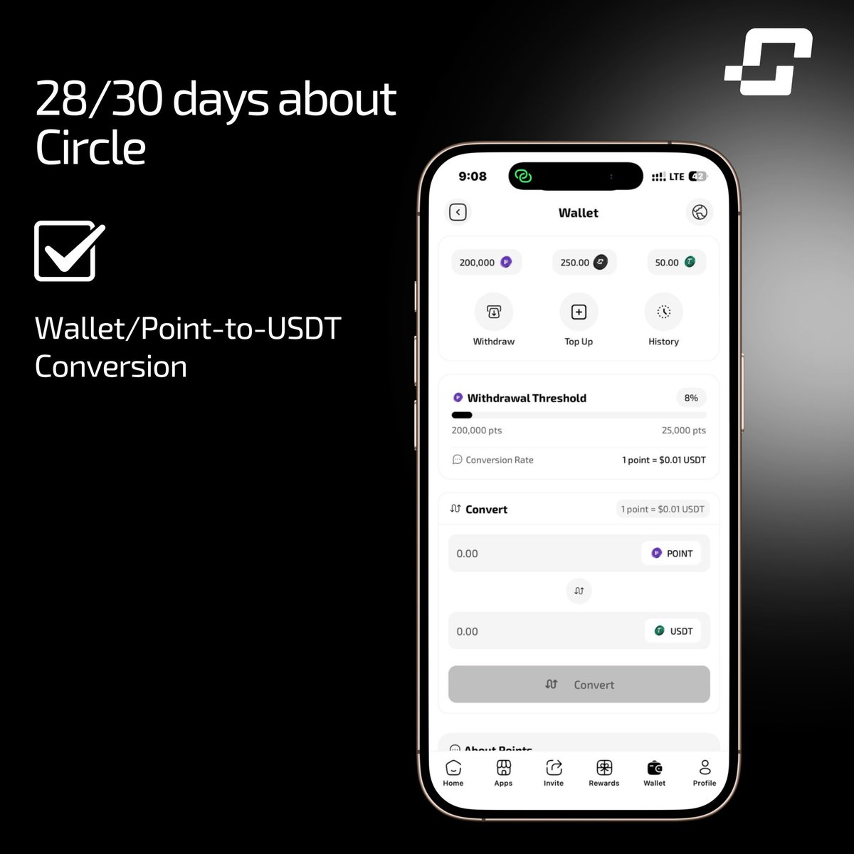 Day 28/30 of <a href="/CirclebyCelia/">Circle</a> Features! 

Today, we’re introducing the "Wallet/Point-to-USDT Conversion" feature. Users can now convert their points to USDT in the wallet with a set withdrawal threshold and conversion rate, or top up their wallet to utilize apps on the Circle store