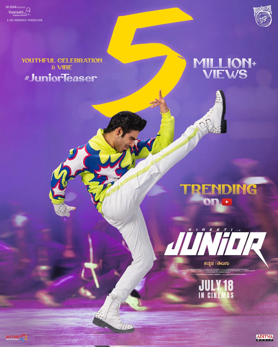 UrsVamsiShekar's tweet photo. #JuniorTeaser hits 5️⃣M+ views & is TRENDING TOP on YouTube 💥💥💥
Watch the energetic & youthful teaser now!
Telugu 🔗https://t.co/BUvhVP1sW6
Kannada 🔗https://t.co/crFDsdZp72
#Junior in cinemas July 18th.
A Rockstar @ThisIsDSP musical 🎸🔥
#JuniorOnJuly18th
@geneliad @KireetiOfficial @sreeleela14 @DOPSenthilKumar @rk91_reddy @CrazystarL @neeta_lulla @PeterHeinOffl @VaaraahiCC @SaiKorrapati_ @adityamusic @MythriRelease