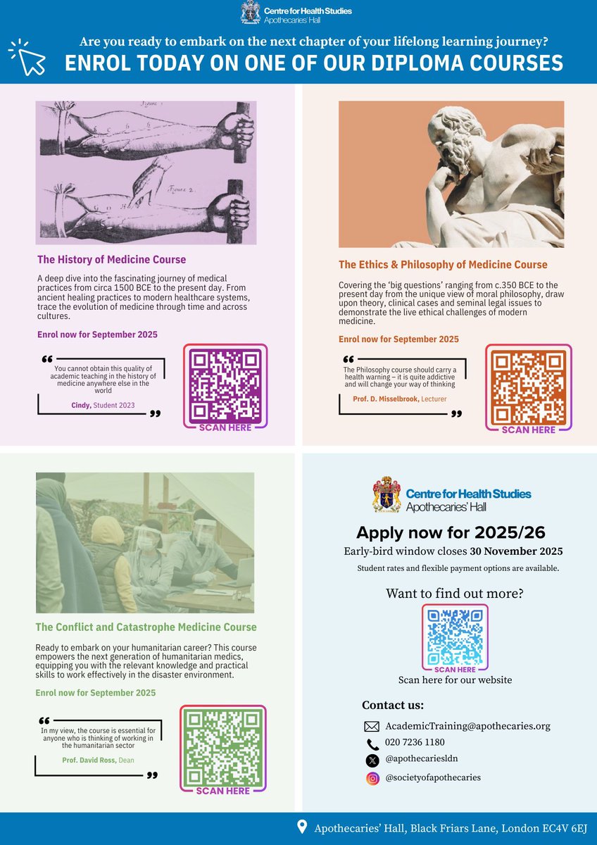 CfHealthStudies's tweet image. Quote: "To anyone interested in expanding their knowledge of the history of medicine and pharmacy I recommend the Diploma both for its content and for the tools it provides for developing one’s own interests." Registration is now open.