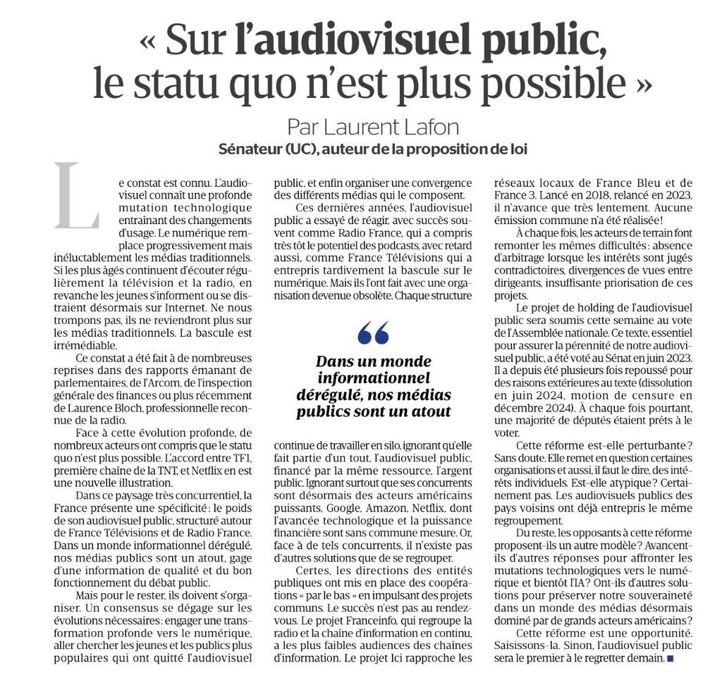 Laurent Lafon (@l_lafon) on Twitter photo Dans un monde informationnel dérégulé, nos médias publics sont un atout. Mais pour le rester ils doivent s’adapter. Sur l’audiovisuel public, le statu quo n’est plus possible : la réforme est une opportunité claire, cohérente et ambitieuse ! <a href="/TribuneDimanche/">La Tribune Dimanche</a> Dans un monde informationnel dérégulé, nos médias publics sont un atout. Mais pour le rester ils doivent s’adapter. Sur l’audiovisuel public, le statu quo n’est plus possible : la réforme est une opportunité claire, cohérente et ambitieuse ! <a href="/TribuneDimanche/">La Tribune Dimanche</a>
