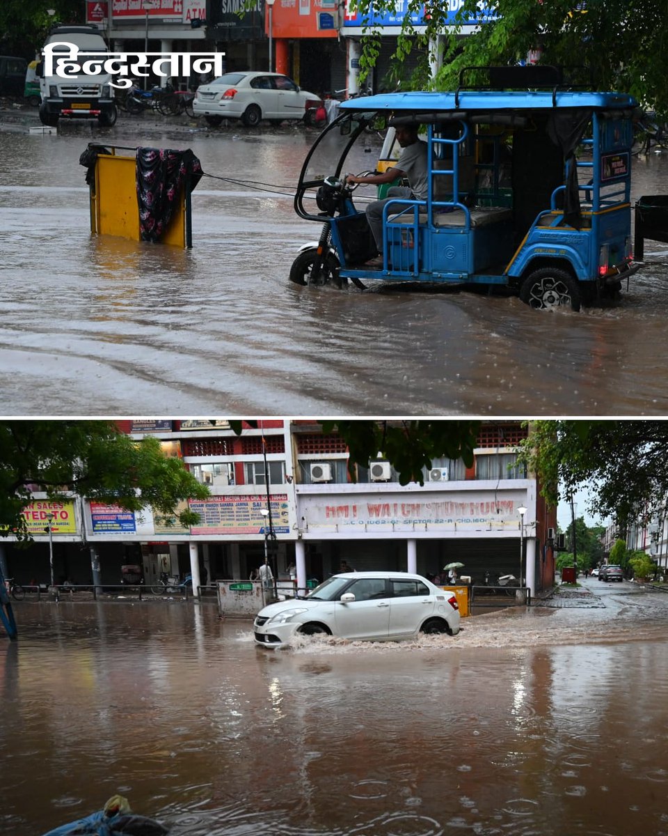 Live_Hindustan's tweet photo. #InPics | चंडीगढ़ में कल रात भारी बारिश के कारण सेक्टर 22-23 डिवाइडिंग रोड पर एक पेड़ उखड़ गया। शहर में भारी बारिश के कारण कई सड़कें जलमग्न हो गईं।
#ChandigarhRains #Monsoon2025 #HeavyRainfall #TreeUprooted #Waterlogging
(📸: Keshav Singh / Hindustan Times) https://t.co/HD4O5rbrxB