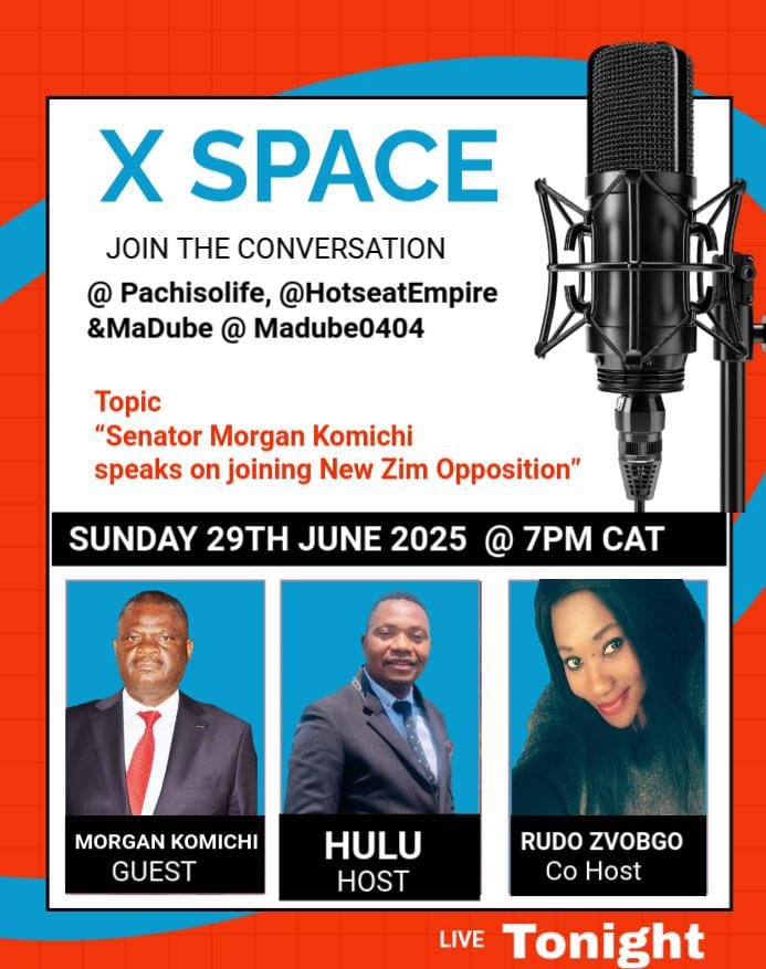Hulu (@pachisolife) on Twitter photo What now for Morgan Komichi as Zimbabwe is set to have a brand new Opposition to ZANU PF?
Join me tonight 7pm Zim time
Hulu <a href="/Pachisolife/">Hulu</a> and co hosts
Rudo Zvobgo <a href="/HotseatEmpire/">Hotseat Empire</a> and MaDube <a href="/Madube0404/">MaDube</a>
Do not miss BREAKING NEWS with
<a href="/MKomichi/">Morgen Komichi MDC-Tsvangirayi</a> on X SPACES 19:00CAT What now for Morgan Komichi as Zimbabwe is set to have a brand new Opposition to ZANU PF?
Join me tonight 7pm Zim time
Hulu <a href="/Pachisolife/">Hulu</a> and co hosts
Rudo Zvobgo <a href="/HotseatEmpire/">Hotseat Empire</a> and MaDube <a href="/Madube0404/">MaDube</a>
Do not miss BREAKING NEWS with
<a href="/MKomichi/">Morgen Komichi MDC-Tsvangirayi</a> on X SPACES 19:00CAT