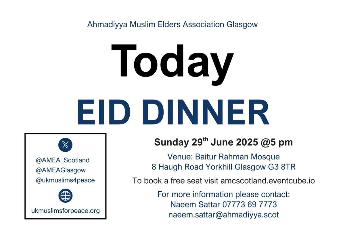 Join us today.

We are <a href="/ukmuslims4peace/">UKMuslimsforPeace</a> &amp; inviting you to our #Eid2025 dinner.  Amidst global conflicts, join us for a meaningful evening of dialogue on peace. ##endthewars 

🗓️ Sun 29th June, 5-7 pm
📍 Baitur Rahman Complex, Glasgow
