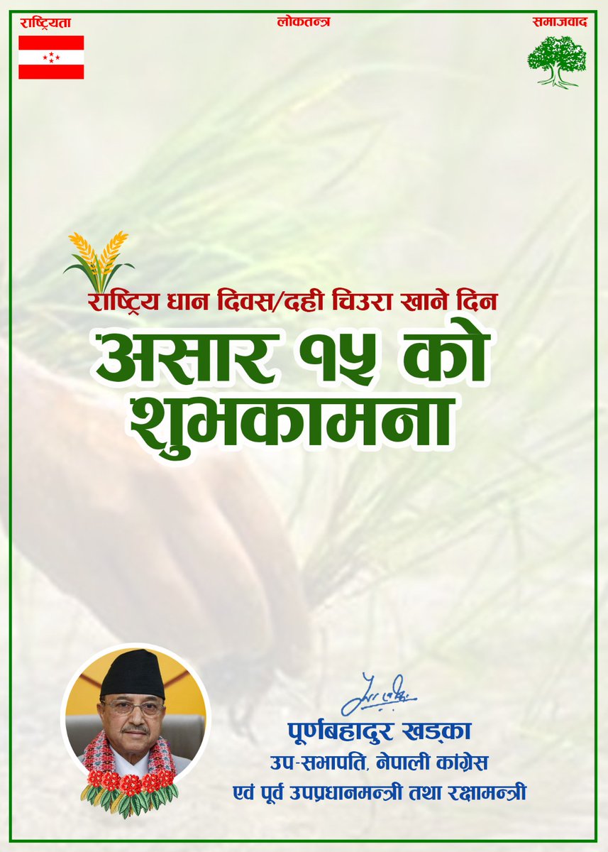 राष्ट्रिय धान दिवसकाे उपलक्षमा सबैमा 
धेरै धेरै शुभकामना 🌳🌺💐