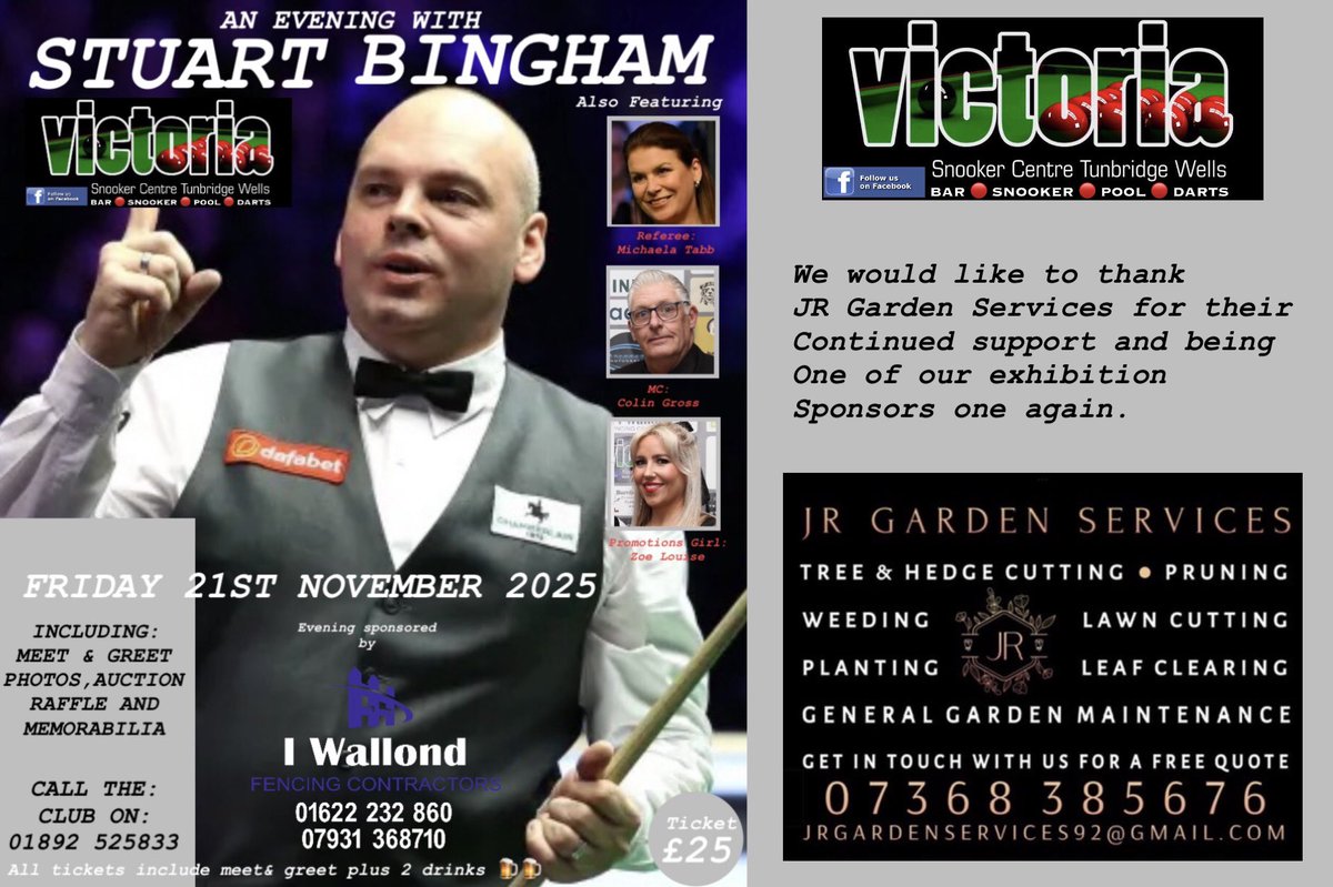 VSC SNOOKER (@vscsnooker) on Twitter photo SPONSOR SHOUT OUT
Thank you JR Garden Services
TICKETS ON SALE NOW !
<a href="/Stuart__Bingham/">Stuart Bingham</a>
<a href="/snookerhub/">Snooker Hub</a> <a href="/KentSnooker/">Kent Snooker</a>
<a href="/KSCourier/">KentLive Tunbridge Wells & Tonbridge</a>
<a href="/CamdenRoadTW/">Camden Road TW</a>
<a href="/MichaelaTabb/">Michaela Tabb</a> SPONSOR SHOUT OUT
Thank you JR Garden Services
TICKETS ON SALE NOW !
<a href="/Stuart__Bingham/">Stuart Bingham</a>
<a href="/snookerhub/">Snooker Hub</a> <a href="/KentSnooker/">Kent Snooker</a>
<a href="/KSCourier/">KentLive Tunbridge Wells & Tonbridge</a>
<a href="/CamdenRoadTW/">Camden Road TW</a>
<a href="/MichaelaTabb/">Michaela Tabb</a>