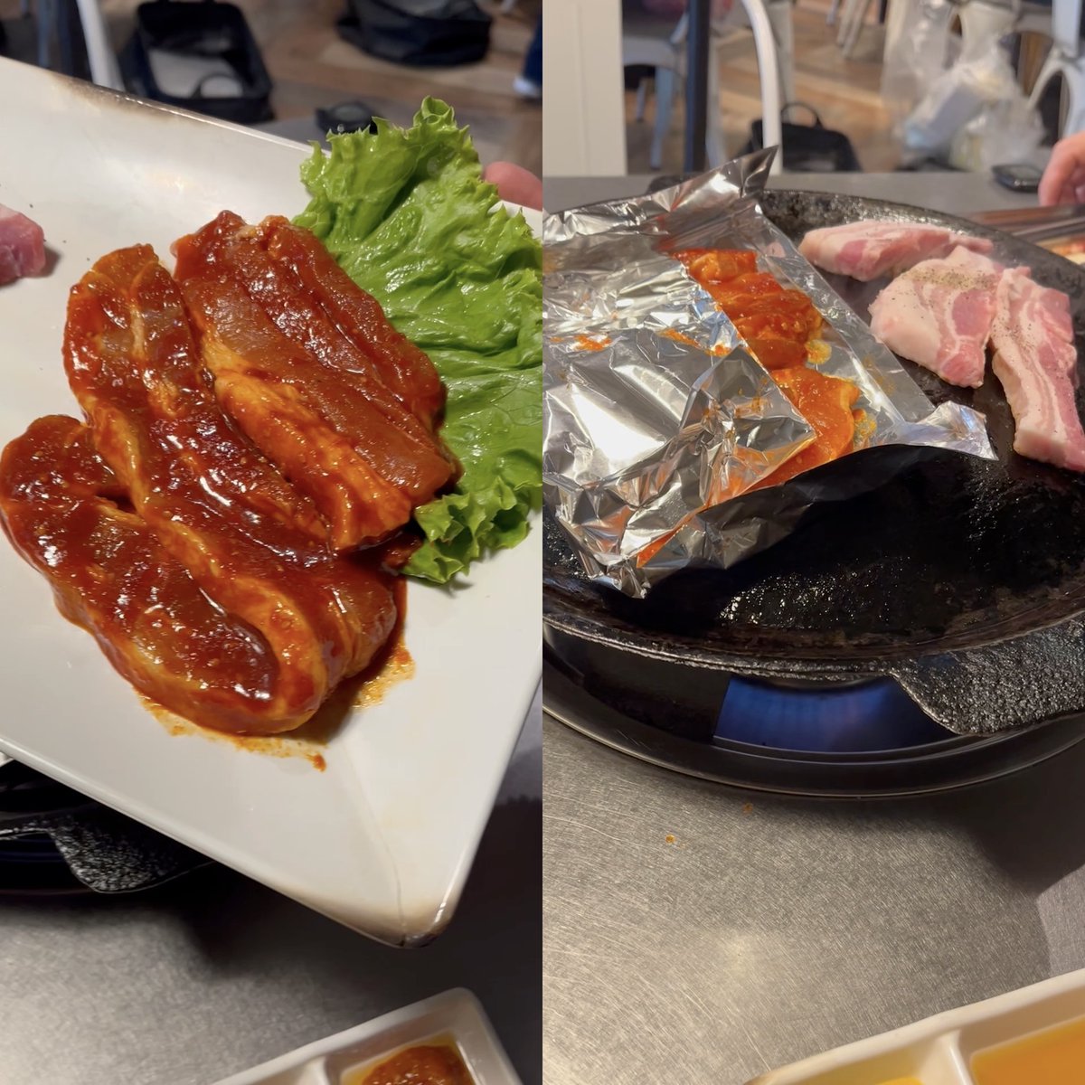 cookingwithdog's tweet photo. Just a 5-minute walk from JR Shin-Okubo Station, I visited the popular Korean restaurant Kurumu. 👩‍🍳😋 When I arrived just before noon, there was already a line of people stretching up the stairs to the second-floor restaurant! We ordered a mountain of fresh vegetables for wrapping the meat, Satsuma Mochi Pork Samgyeopsal, Gochujang Samgyeopsal, stone-cooked Bibimbap, Sundubu Jjigae, and a draft beer. 🍺

The pile of fresh vegetables was colorful and vibrant, including leafy greens, kabocha squash, and even Manganji peppers—making it visually stunning!

The staff grilled the meat for us.
Since the gochujang-marinated pork burns easily, it was steam-grilled in foil. The kimchi was also grilled on the hotplate until it became wonderfully fragrant.

To eat, you stack 2–3 vegetable leaves, place the meat, scallion salad, pickled daikon, and other toppings on top, roll it all up, dip it in the sauce, and enjoy.
There were three types of dipping sauces: honey mustard, sesame oil, and ssamjang.

The stone-cooked Bibimbap had delicious crispy rice at the bottom!
And the Sundubu Jjigae—so flavorful! It was quite spicy but packed with rich broth flavor, making it absolutely irresistible.

Any leftover vegetables were blended into a smoothie at the end, which was mildly sweet and refreshing.
Both the meat and vegetables were plentiful and satisfying—I definitely want to go again! ☺️

JR新大久保駅から徒歩5分、人気韓国料理店「くるむ」へ行きました。12時前に到着すると2階の店舗まで階段に行列が！

注文したのは、お肉を巻く山盛りの生野菜、薩摩もち豚のサムギョプサル、コチュジャンサムギョプサル、石焼ビビンパ、スンドゥブチゲそして生ビール🍺

山盛りの生野菜は、彩り豊かな葉物にコリンキーや万願寺唐辛子まで添えられ、見た目も華やか！

お肉はスタッフの方が焼いてくれます。
コチュジャンサムギョプサルは焦げやすいのでアルミで蒸し焼きに。キムチも鉄板で香ばしく焼きます。

食べ方は、生野菜を2〜3枚重ね、その上にお肉、ネギサラダ、大根酢漬けなどをのせ、くるくる巻いてタレにつけていただきます。
タレの種類はハニーマスタード、ごま油、サムジャンの３種類。

石焼ビビンパはカリッとしたおこげが美味しい！
スンドゥブチゲの美味しいこと！ しっかり辛いけどすごくダシが効いていて止まらない美味しさでした。

食べきれなかった野菜は最後にスムージーにしてもらえ、ほんのり甘くおいしかったです！
お肉も野菜もたっぷりで大満足！また行きたいです☺️