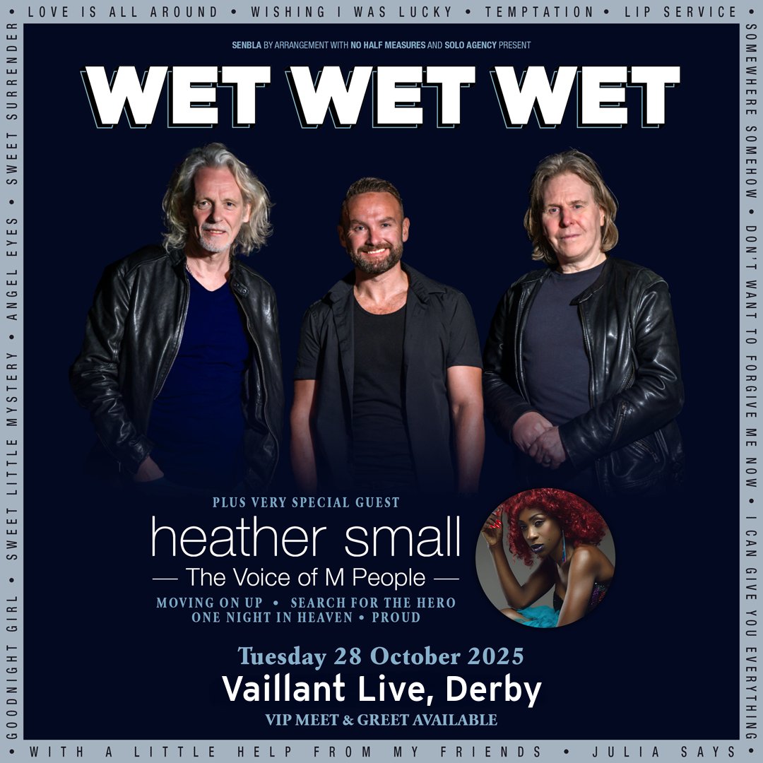 Vaillant Live (@vaillantlive) on Twitter photo Don't miss <a href="/wetwetwetuk/">Wet Wet Wet</a> this October in Derby! ๐ธ๐ถ The rockers will be taking to the stage performing some of their biggest hits including 'Sweet Little Mystery' and 'Love Is All Around' at Vaillant Live. Tickets ๐๏ธ spr.ly/60164gKkw #rock #derby #gig #wetwetwet #mpeople Don't miss <a href="/wetwetwetuk/">Wet Wet Wet</a> this October in Derby! ๐ธ๐ถ The rockers will be taking to the stage performing some of their biggest hits including 'Sweet Little Mystery' and 'Love Is All Around' at Vaillant Live. Tickets ๐๏ธ spr.ly/60164gKkw #rock #derby #gig #wetwetwet #mpeople