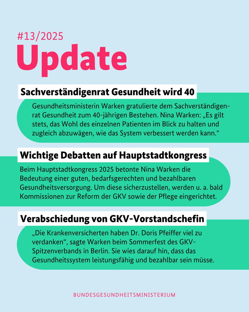 Bundesgesundheitsministerium (@bmg_bund) on Twitter photo Bundesgesundheitsministerin <a href="/ninawarken/">Nina Warken</a> beim Sachverständigenrat Gesundheit, beim <a href="/HSK_Berlin/">HAUPTSTADTKONGRESS</a> und beim Sommerfest des <a href="/GKV_SV/">GKV-Spitzenverband</a>: Mehr Infos zu diesen Themen aus der vergangenen Woche gibt’s in unserem Update. 👇 Bundesgesundheitsministerin <a href="/ninawarken/">Nina Warken</a> beim Sachverständigenrat Gesundheit, beim <a href="/HSK_Berlin/">HAUPTSTADTKONGRESS</a> und beim Sommerfest des <a href="/GKV_SV/">GKV-Spitzenverband</a>: Mehr Infos zu diesen Themen aus der vergangenen Woche gibt’s in unserem Update. 👇