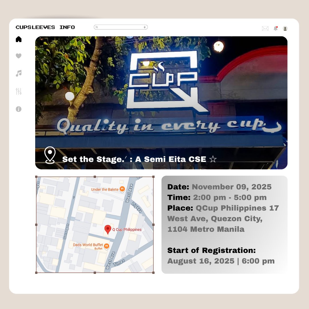 semieitacse's tweet image. ☆ Event Details .ᐟ
We’re excited to invite you to
Set the Stage: A Semi CSE .ᐟ
Date: November 09, 2025
Time: 2:00 PM – 5:00 PM
Venue: QCup Philippines
17 West Ave, Quezon City, 1104 Metro Manila
Registration Opens: August 16, 2025 at 6:00 PM
#SetTheStageSemiCSE