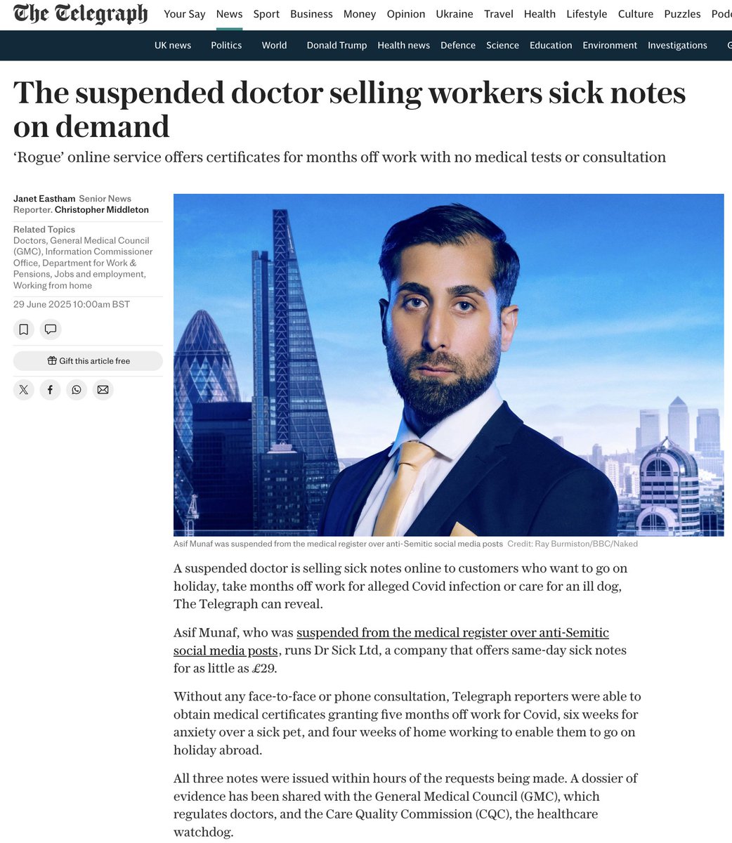 JanetEastham's tweet image. 🚨 EXCLUSIVE: The suspended doctor selling workers sick notes on demand
‘Rogue’ online service offers certificates for months off work with no medical tests or consultation, @Telegraph can reveal. w/@ChrisMid
🔗telegraph.co.uk/news/2025/06/2…