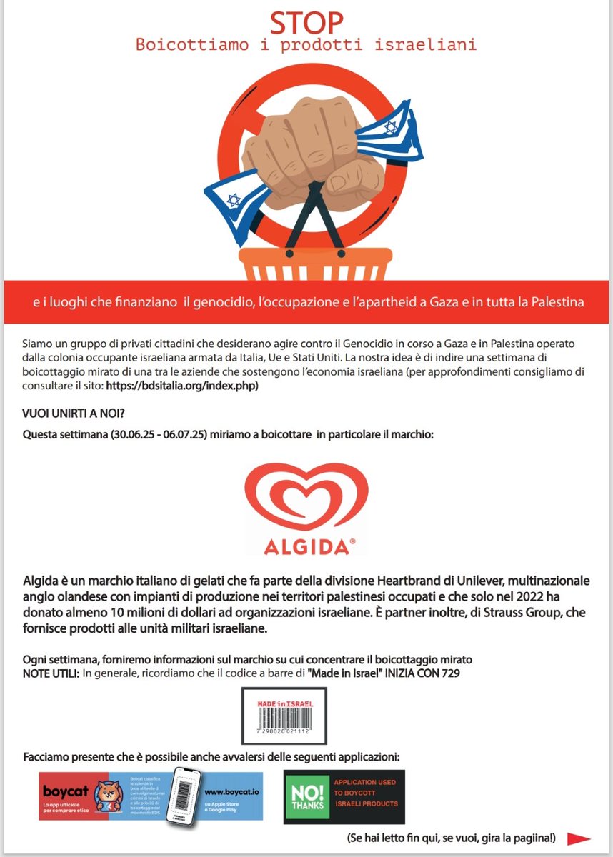 silvia_79asro's tweet image. Ricordando che #BDS ha rilanciato per McDonald's, ripostando in calce del recap della nostra iniziativa #boycottisraeliproducts, Link del nuovo volantino (stampabile da poter diffondere fisicamente oltre che via social):
1drv.ms/b/c/1d6fbab69f…
Questa settimana si mira ad #Algida