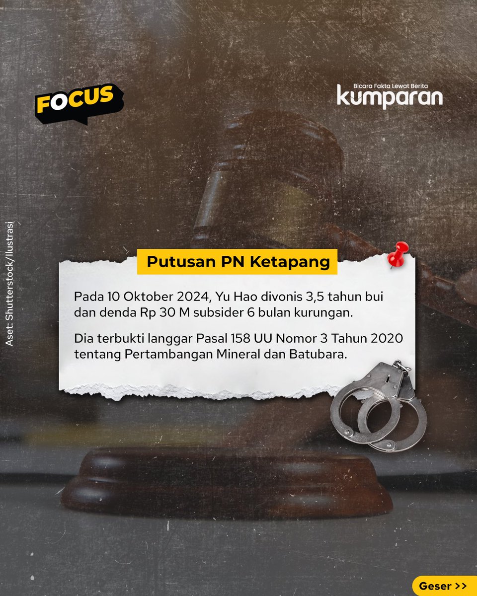 kumparan's tweet photo. Yu Hao adalah terdakwa kasus tambang emas ilegal seberat 774 kg yang merugikan negara hingga Rp 1,04 triliun. Ia sempat dinyatakan tidak bersalah, namun putusan itu menuai sorotan luas dan akhirnya dibatalkan di tingkat kasasi.
#focus #yuhaobatalbebas #news #carousel #yuhao #china #tambangemas #tambangilegal #ketapang #kalbar #info #beritaterkini #berita #infoterkini #bicarafaktalewatberita #kumparan