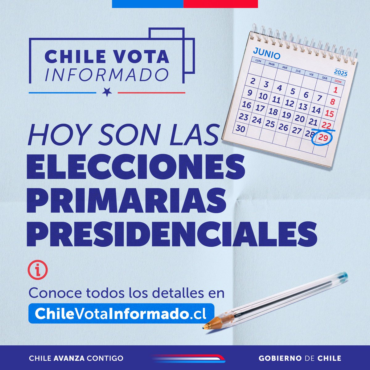🗳 ¡Llegó el día! Hoy son las Elecciones Primarias Legales. Las mesas de votación estarán abiertas desde las 8:00 hrs. hasta las 18:00 hrs., siempre que no hubiera alguien que desee votar haciendo fila.

📲 Revisa toda la información en chilevotainformado.cl
