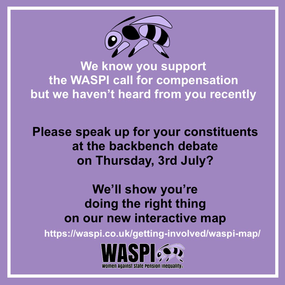 WASPI_Campaign's tweet image. Please attend the debate on 3rd July @ThurrockJen to reaffirm your support for #fairandfastcompensation for your #WASPI constituents. We&apos;d like to add you to our new interactive map of supportive MPs.  waspi.co.uk/getting-involv…