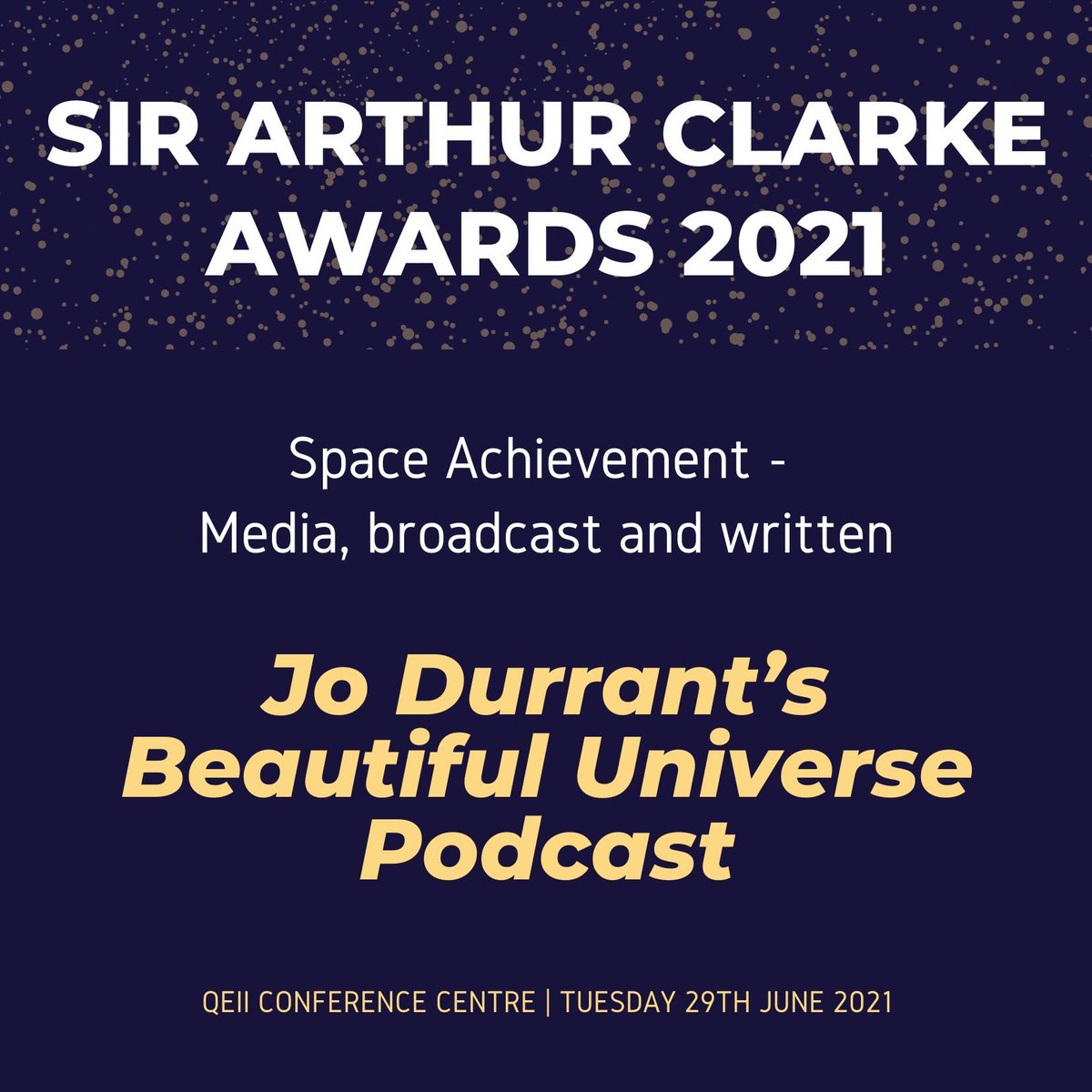 🏆 Four years ago today I was honoured to receive a <a href="/BIS_spaceflight/">BIS</a> Sir Arthur Clarke Award for Jo Durrant’s Beautiful Universe! I make the podcast independently, in my spare time, for free,  so this means the world. And I’m just about to release Ep 240 with very special guests!