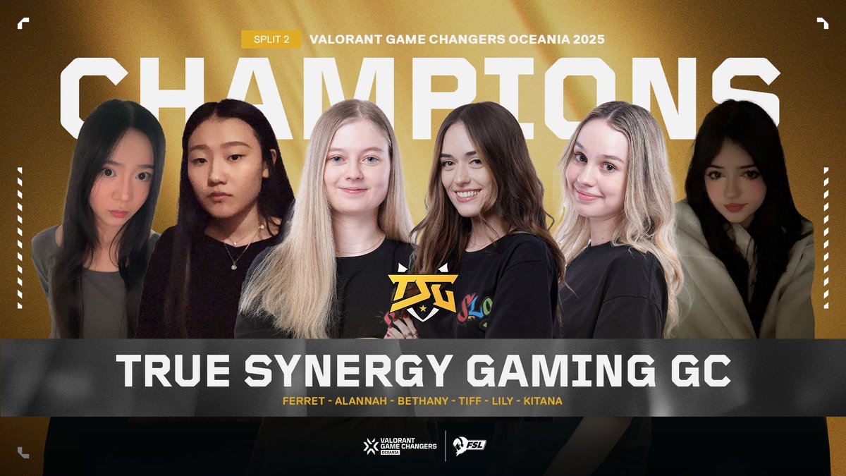 True Synergy Gaming 🇺🇸 remporte le Split 2 des #VCTGameChangers Oceania 🏆

L'équipe s'est imposée 3-1 en grande finale face à Kiss 🇦🇺

Les anciennes Swaglord9000 🇦🇺 représenteront une nouvelle fois la région Océanie aux GC PACIFIC de Bangkok 🇹🇭
