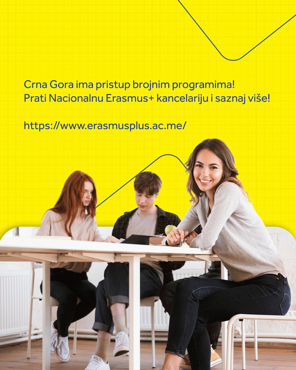 Erasmus+ pruža šansu pojedincima i organizacijama u Crnoj Gori!
 Studiraj, usavršavaj se!

 Prati Nacionalnu Erasmus+ kancelariju i saznaj više! erasmusplus.ac.me