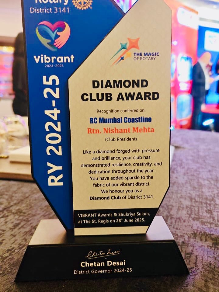 Nishant Mehta (@nishantt_mehta) on Twitter photo Honoured! 🙌
RC Mumbai Coastline has won the Diamond Club Award from <a href="/Rotary/">Rotary International</a> District 3141 for 2024-25. 💎
Proud of our team’s resilience & creativity — truly diamonds forged under pressure.
Let’s keep the #MagicOfRotary alive! ✨
#Rotary #DiamondClub #ServiceAboveSelf Honoured! 🙌
RC Mumbai Coastline has won the Diamond Club Award from <a href="/Rotary/">Rotary International</a> District 3141 for 2024-25. 💎
Proud of our team’s resilience & creativity — truly diamonds forged under pressure.
Let’s keep the #MagicOfRotary alive! ✨
#Rotary #DiamondClub #ServiceAboveSelf
