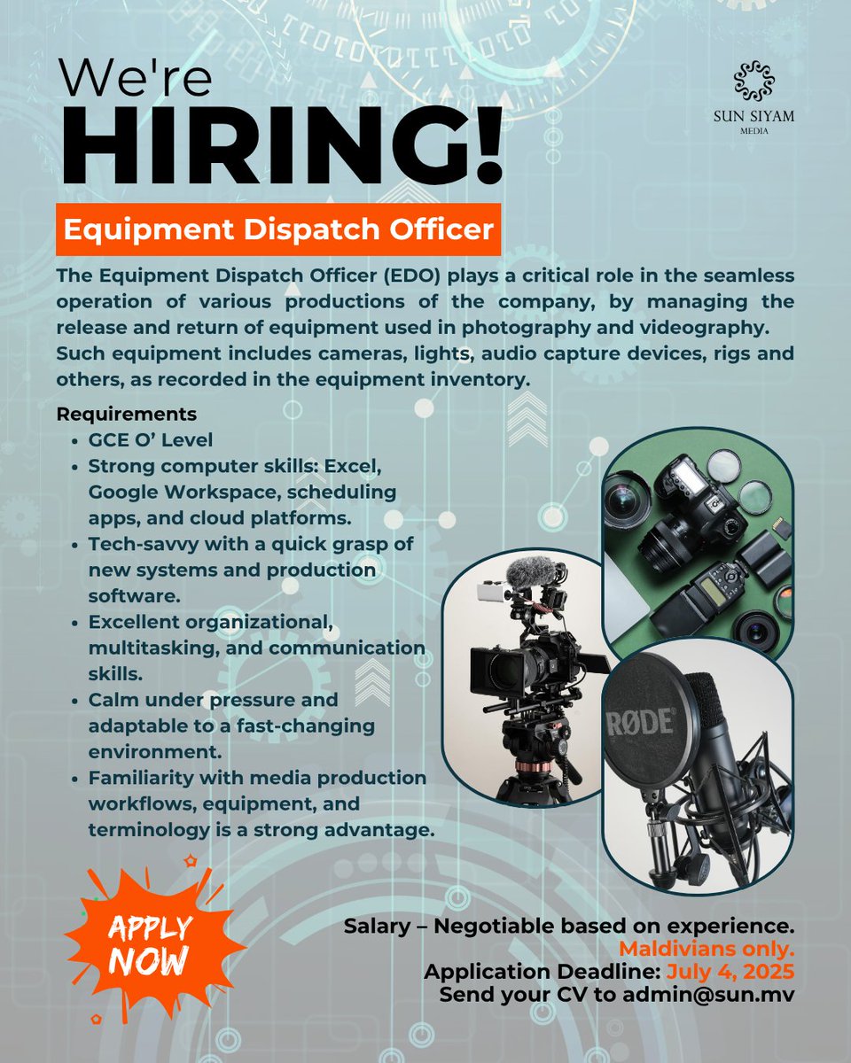 We’re Hiring!
Are you tech-savvy, highly organized, and passionate about media production?
Join our fast-paced team as a Dispatch Officer and help keep our shoots, crews, and gear running like clockwork.
#MediaJobs #DispatchOfficer #ssmedia #sstv #sstvmv #sunonline  #sunplaymv